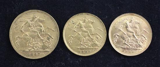 An Edward VII gold sovereign, (3)